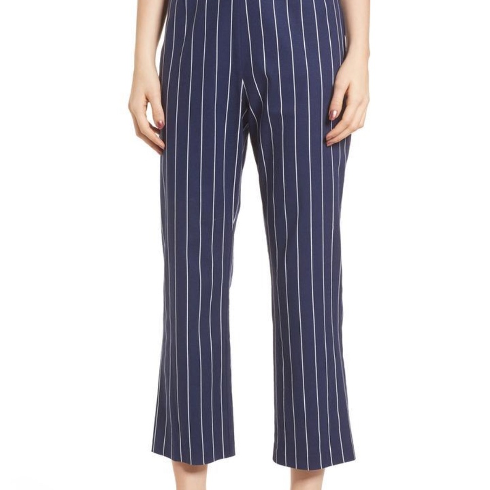 WAYF Pisa High Waist Crop Pants Navy Blue White Pinstripe Size S